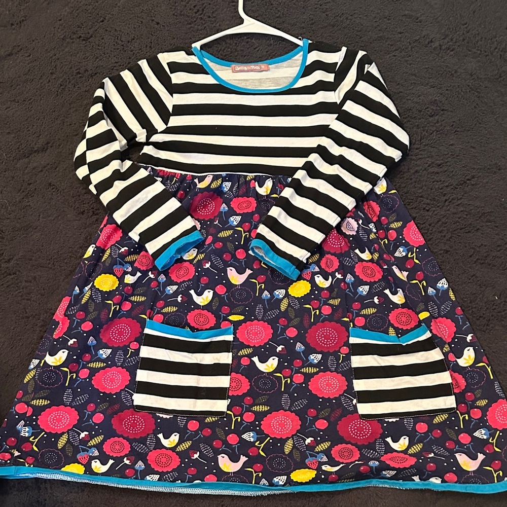 Jelly The Pug Black and White Striped Dress with Floral Skirt